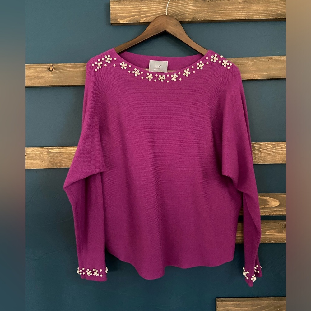 Liv Milano Batwing Sweater with Pearl & Rhinestone Adornment